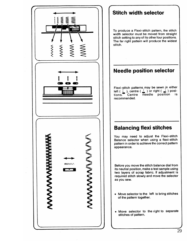 Stitch width selector, Needle position selector, Balancing flex! stitches | Needle position selector stitch width selector, Balancing flexi stitches | SINGER 6217 User Manual | Page 31 / 48