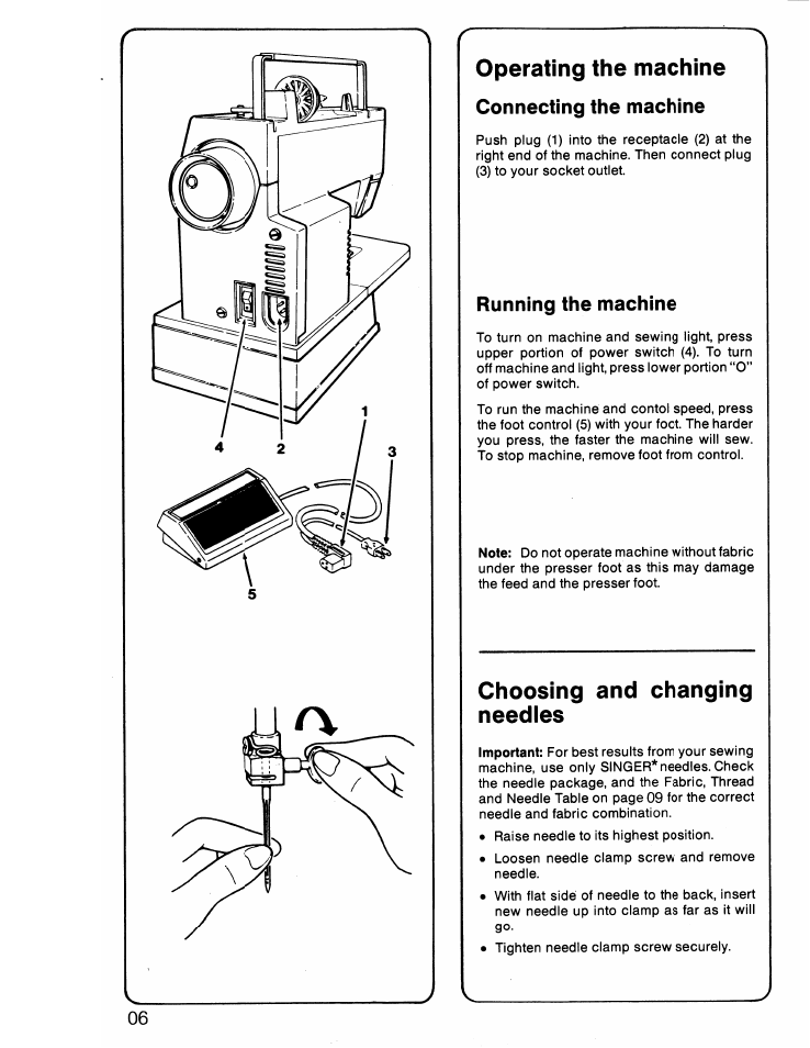 Operating the machine, Choosing and changing needles, Connecting the machine | Running the machine | SINGER 6217 User Manual | Page 8 / 48