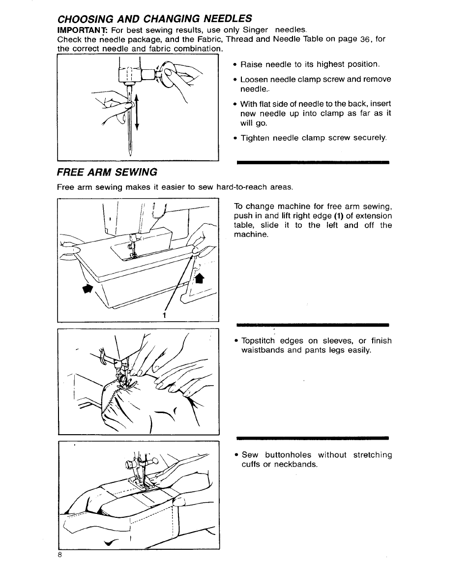 Choosing and changing needles, Free arm sewing | SINGER 9113 User Manual | Page 10 / 40
