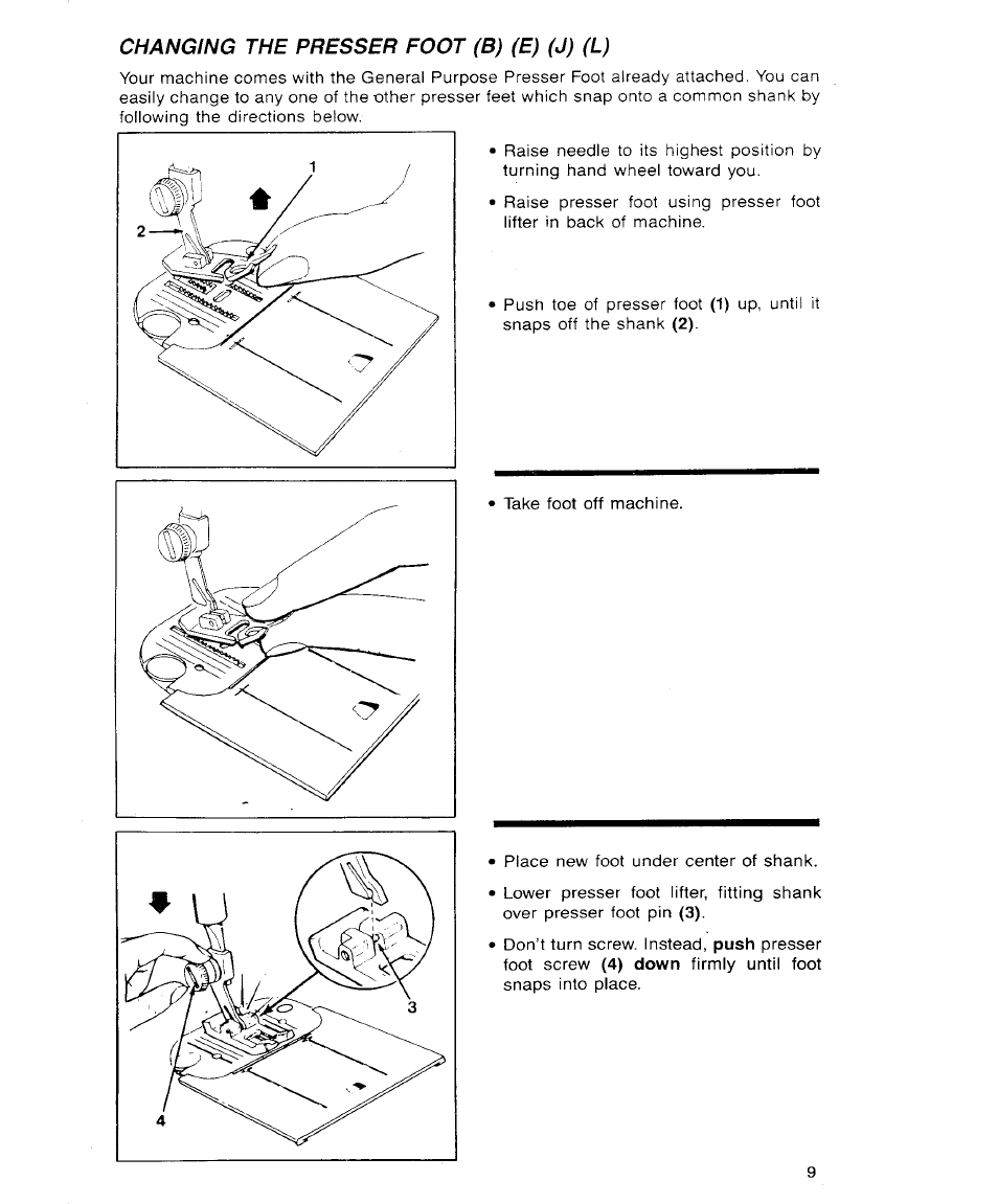 Changing the presser foot (b) (e) (j) (l) | SINGER 9113 User Manual | Page 11 / 40