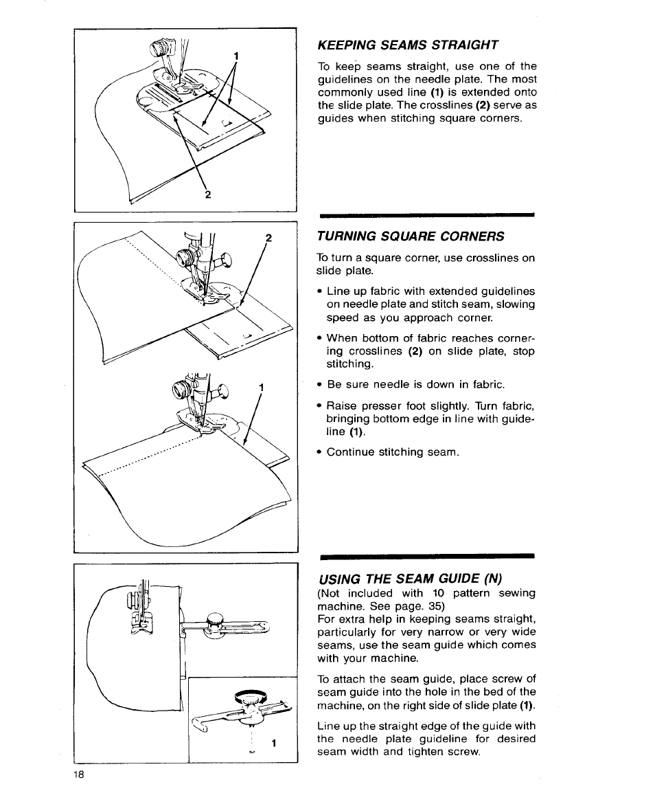 Keeping seams straight, Turning square corners, Using the seam guide (n) | SINGER 9113 User Manual | Page 20 / 40