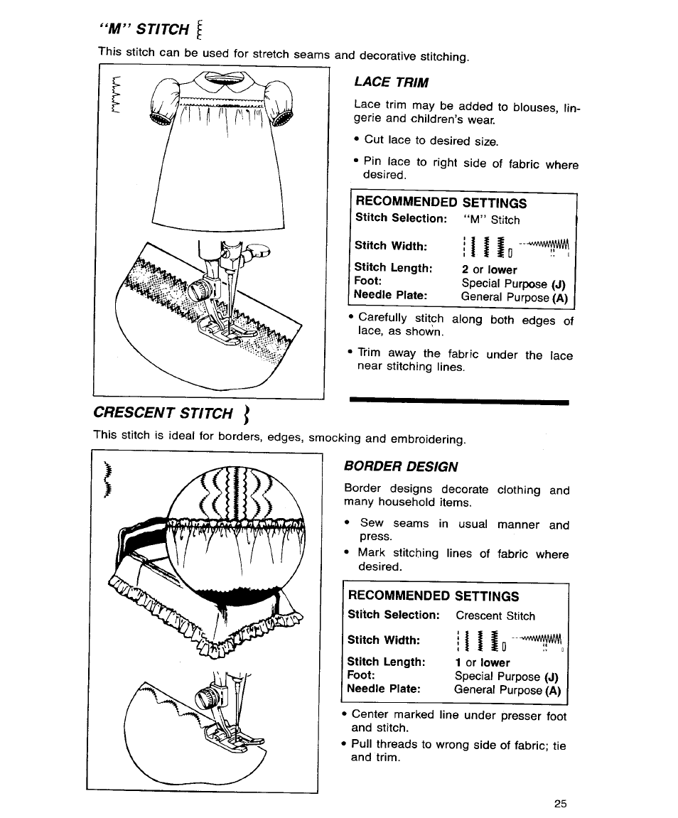 Lace trim, Border design, Stitch | Crescent stitch | SINGER 9113 User Manual | Page 27 / 40