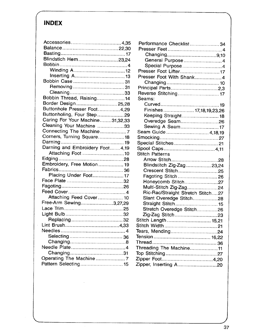 Index | SINGER 9113 User Manual | Page 39 / 40