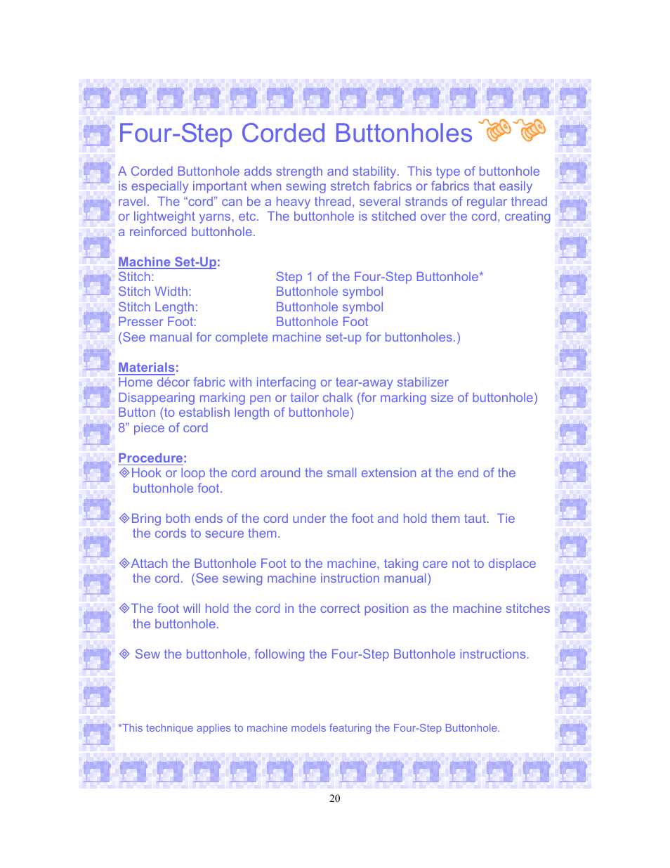 Four-step corded buttonholes | SINGER 6550-WORKBOOK Scholastic User Manual | Page 24 / 59