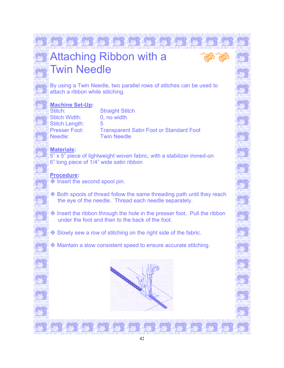Attaching ribbon with a twin needle | SINGER 6550-WORKBOOK Scholastic User Manual | Page 46 / 59