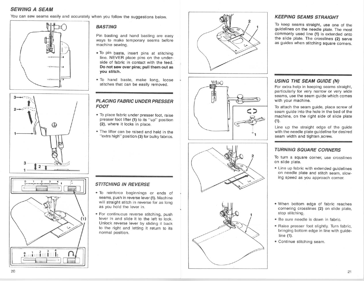 Basting, Placing fabric under presser foot, Stitching in reverse | Keeping seams straight, Using the seam guide (n) | SINGER 9124 User Manual | Page 12 / 25