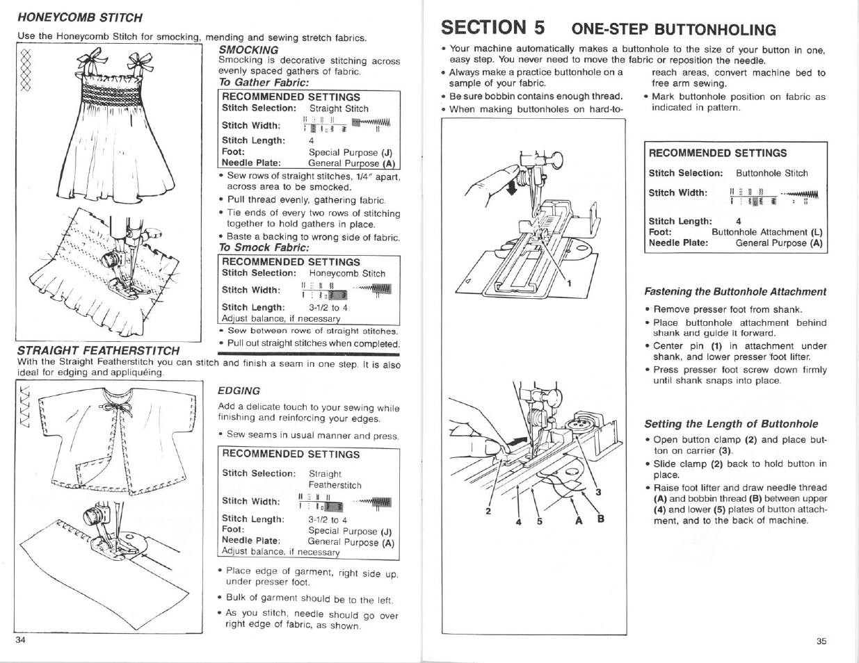 Honeycomb stitch, Smocking, Straight featherstitch | Edging, Fastening the buttonhole attachment, Setting the length of buttonhole, Fh4i -if, One-step buttonholing | SINGER 9124 User Manual | Page 19 / 25