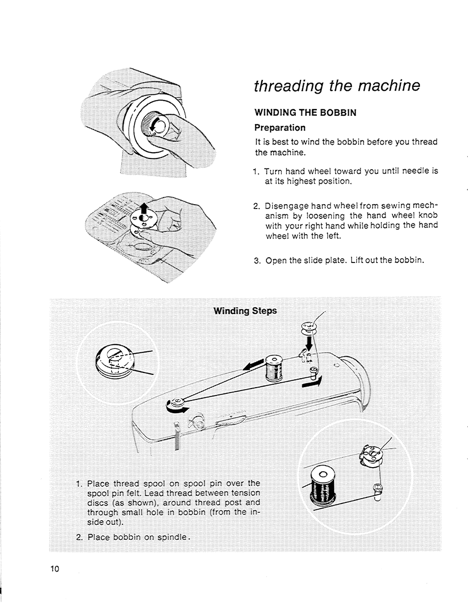 Threading the machine, Winding the bobbin, Preparation | SINGER 714 Graduate User Manual | Page 12 / 52