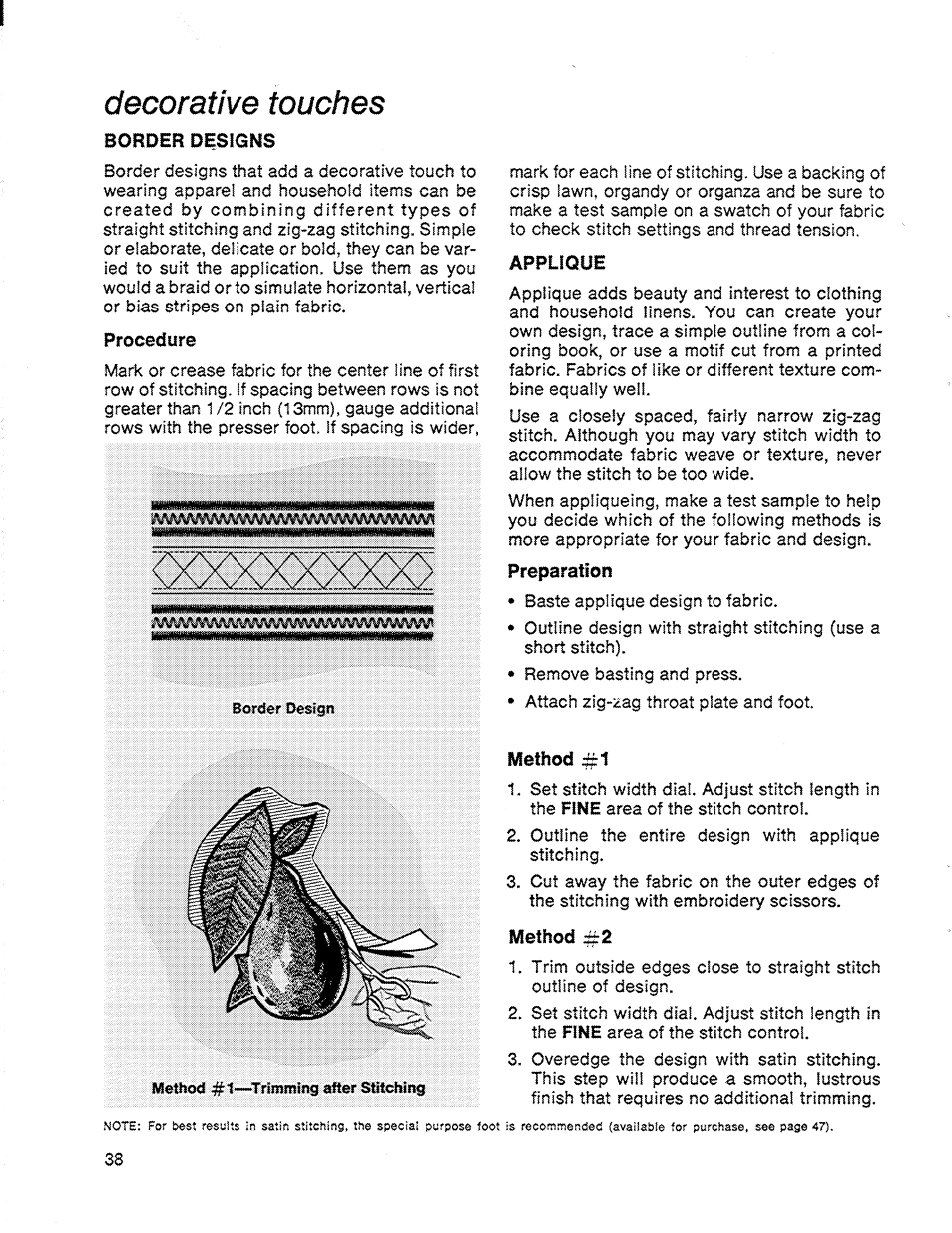 Decorative touches, Border design, Meuiod #1—^trimming after stitching | SINGER 714 Graduate User Manual | Page 40 / 52