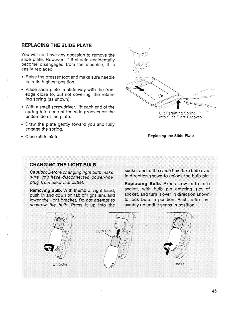 Replacing the slide plate, Changing the light bulb | SINGER 714 Graduate User Manual | Page 47 / 52