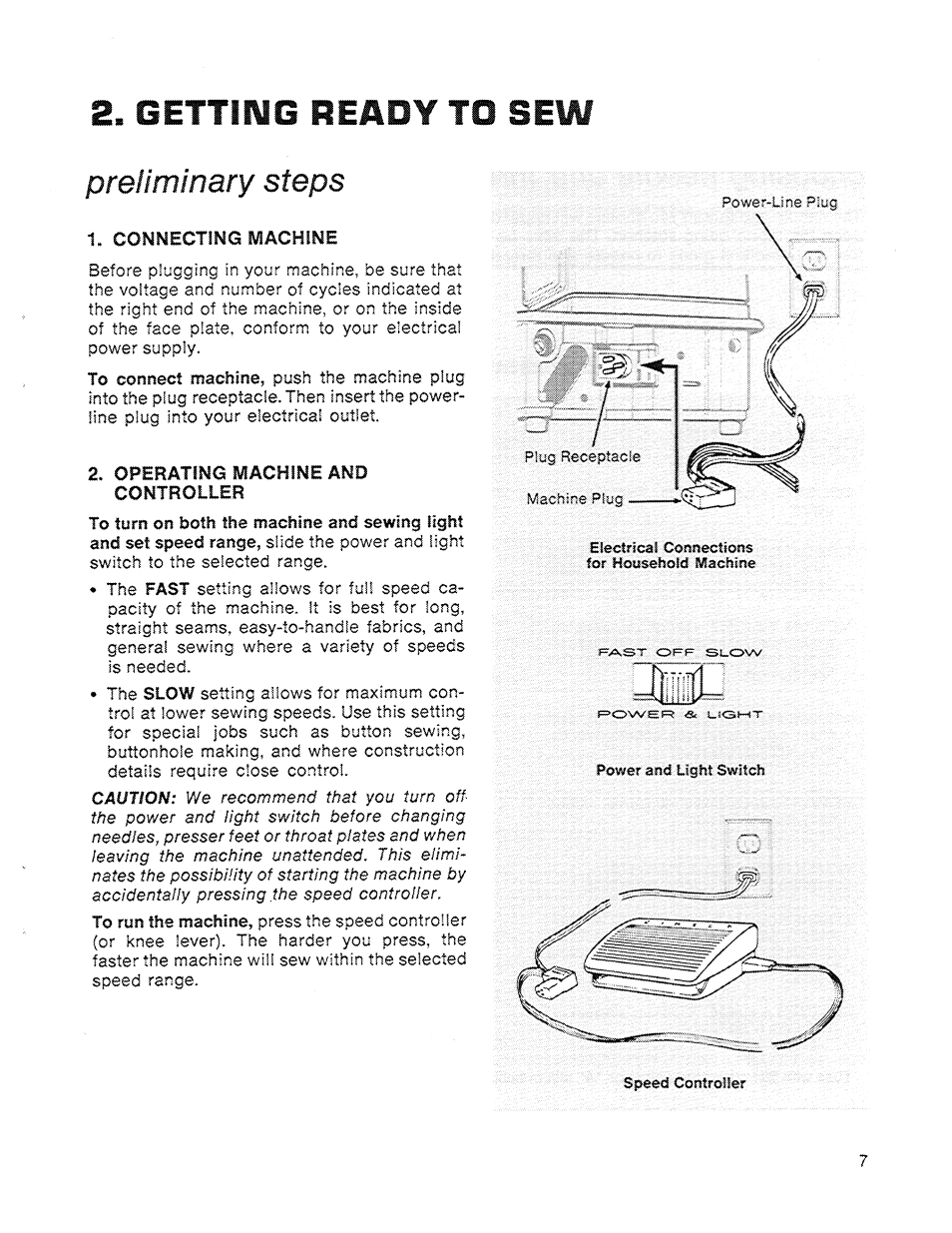 Preliminary steps, Connecting machine, Operating machine and controller | Getting ready to sew | SINGER 714 Graduate User Manual | Page 9 / 52