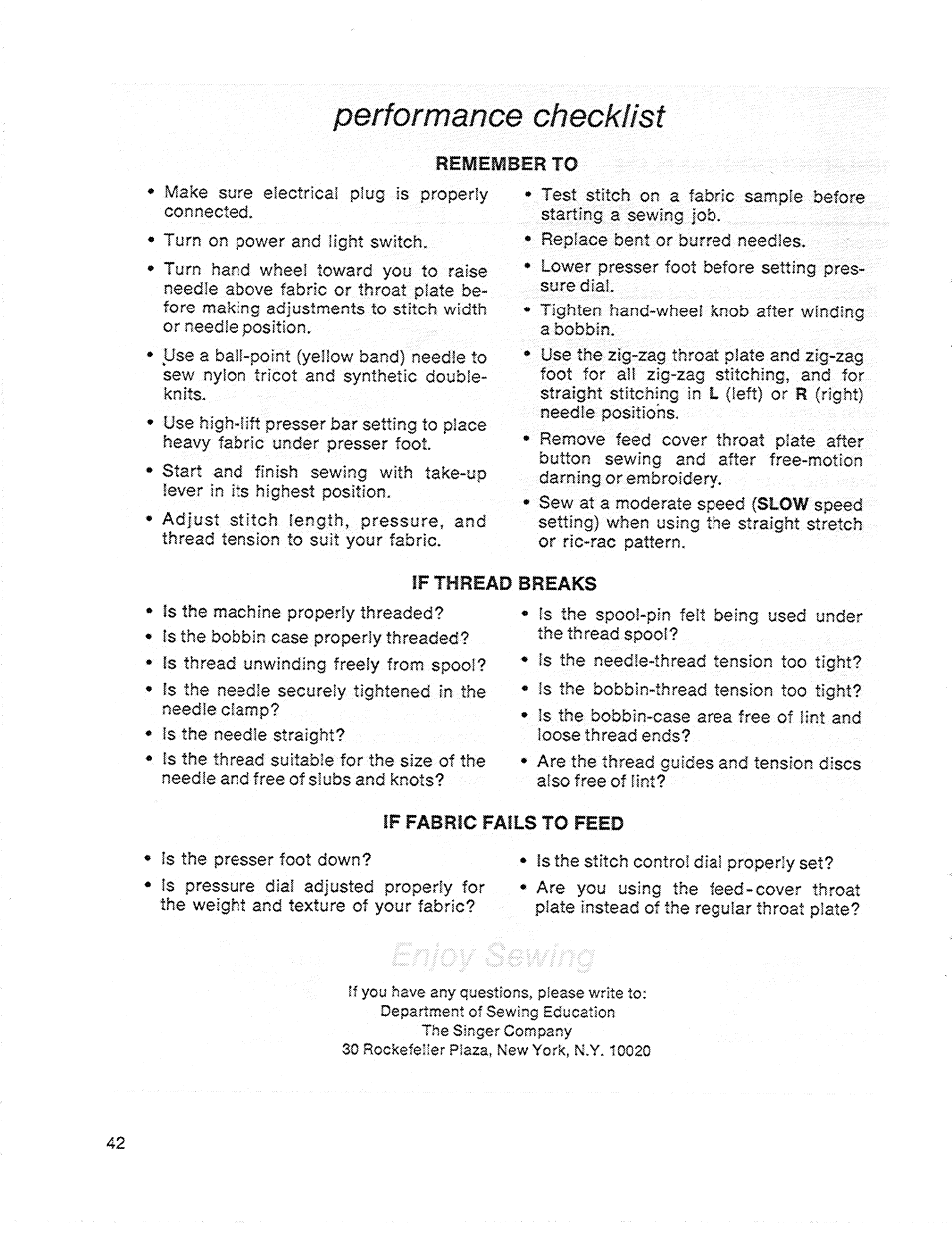 Performance checklist, Departmerd | SINGER 717 Scholastic User Manual | Page 44 / 48