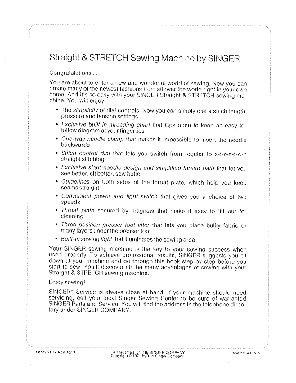 Straight & stretch sewing machine by singer | SINGER 719 User Manual | Page 2 / 36