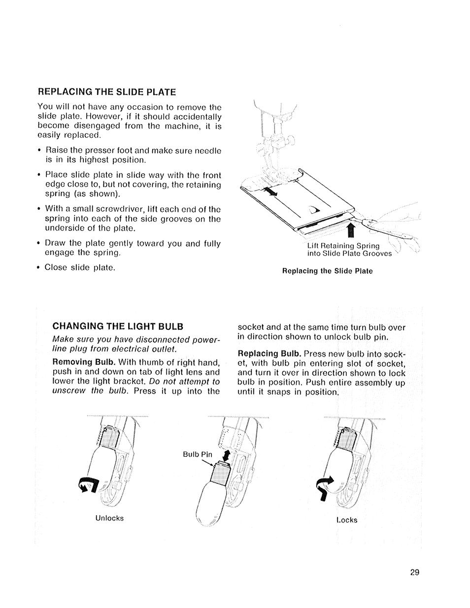 Replacing the slide plate, Changing the light bulb | SINGER 719 User Manual | Page 31 / 36