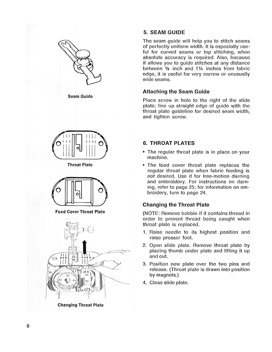 Attaching the seam guide, Throat plates, Changing the throat plate | SINGER 719 User Manual | Page 8 / 36