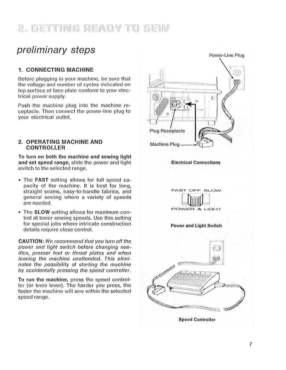 Preliminary steps, Connecting machine, 2, operating machine and controller | Preliitunary steps | SINGER 719 User Manual | Page 9 / 36