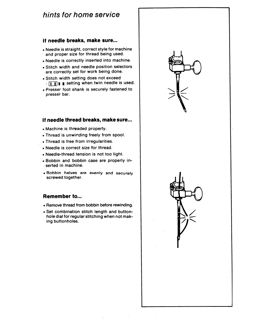 Hints for home service, If needle breaks, make sure, If needle thread breaks, make sure | Remember to, Rrxil i | SINGER 8019 User Manual | Page 55 / 56