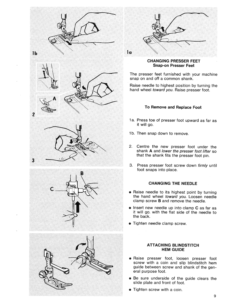 To remove and replace foot, Changing the needle, Attaching blindstitch | SINGER 8234 User Manual | Page 11 / 76