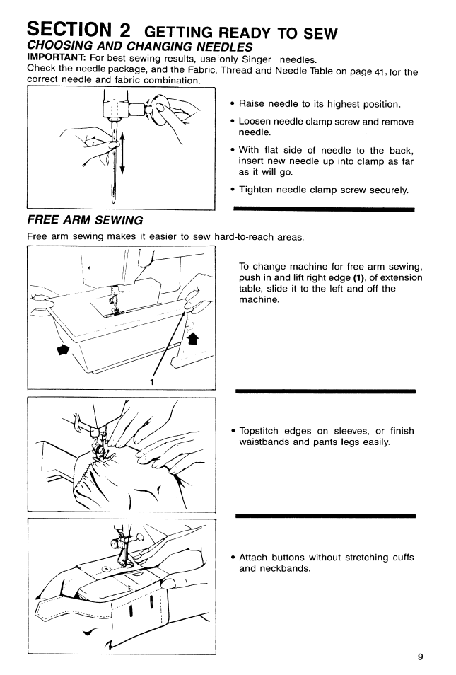Section 2 getting ready to sew, Choosing and changing needles, Getting ready to sew | SINGER 9113 User Manual | Page 11 / 48