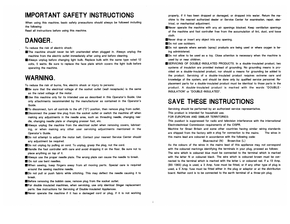 Important safety instructions, Danger, Warning | Save these instructions | SINGER 9210 User Manual | Page 3 / 28