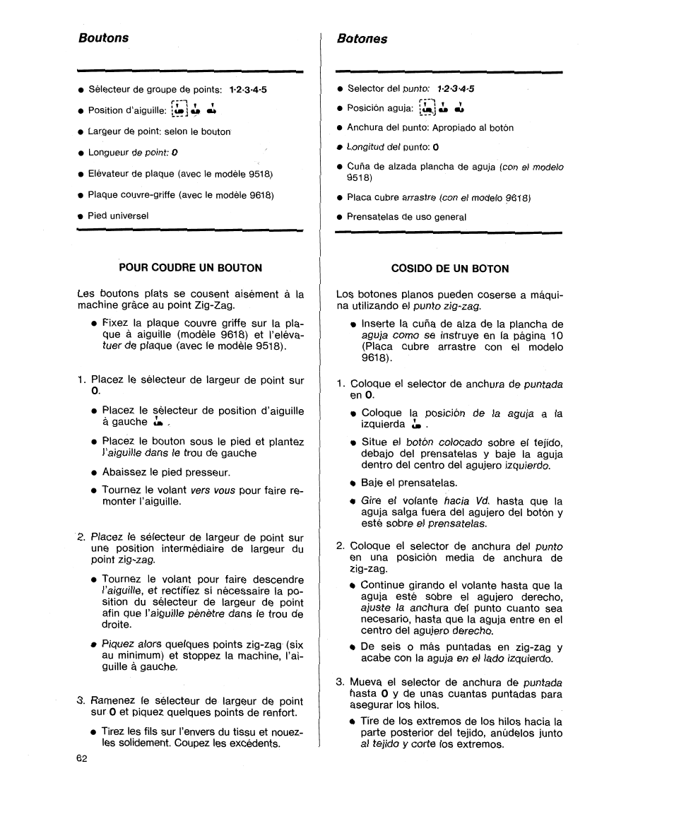 Boutons, Botones | SINGER 9618 User Manual | Page 64 / 74