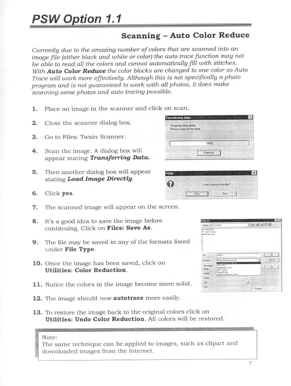 Psw option 1.1, Scanning - auto color reduce | SINGER S10 User Manual | Page 10 / 16