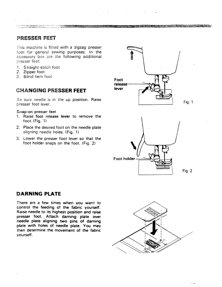 Presser feet, Changing presser feet, Darning plate | SINGER W ET 10 User Manual | Page 17 / 42