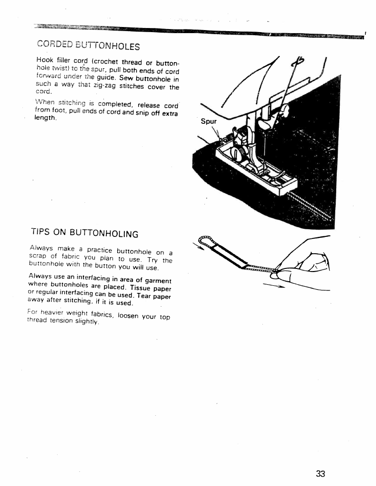 Tips on buttonholing, Ronholes, Corded bui | SINGER W ET 10 User Manual | Page 35 / 42