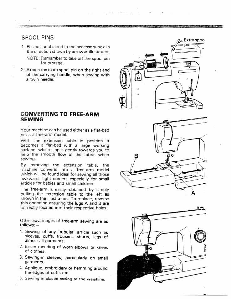 Spool pins, Converting to free-arm sewing | SINGER W ET 10 User Manual | Page 9 / 42