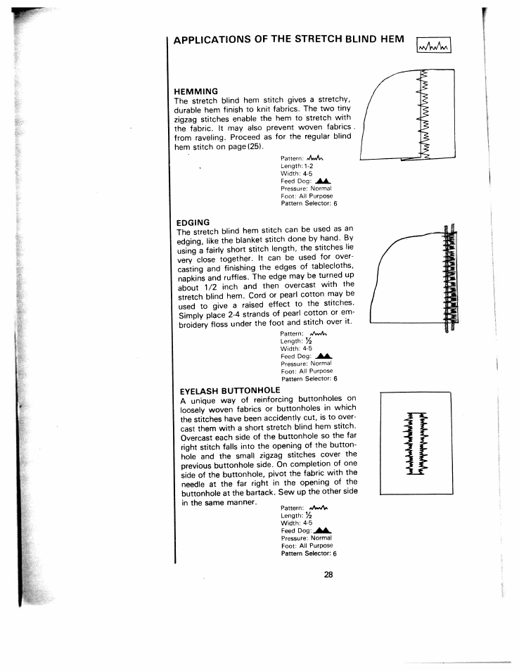 Applications of the stretch blind hem, Hemming, Edging | Eyelash buttonhole | SINGER W1240 User Manual | Page 29 / 49