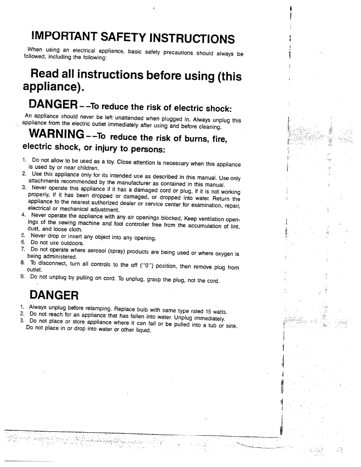 Important safety instructions, Danger —^to reduce the risk of electric shock, Danger | Warning, Juef | SINGER W1810 User Manual | Page 3 / 47