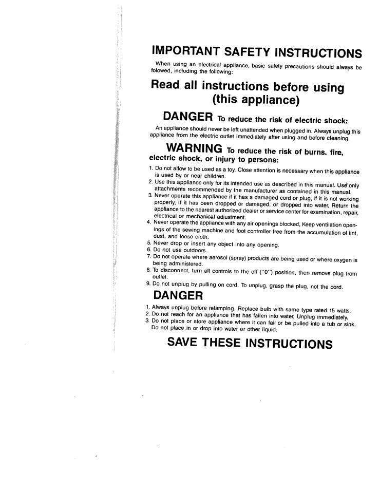 Important safety instructions, To reduce the risk of electric shock, Danger | Save these instructions, Warning | SINGER W1499 User Manual | Page 3 / 34