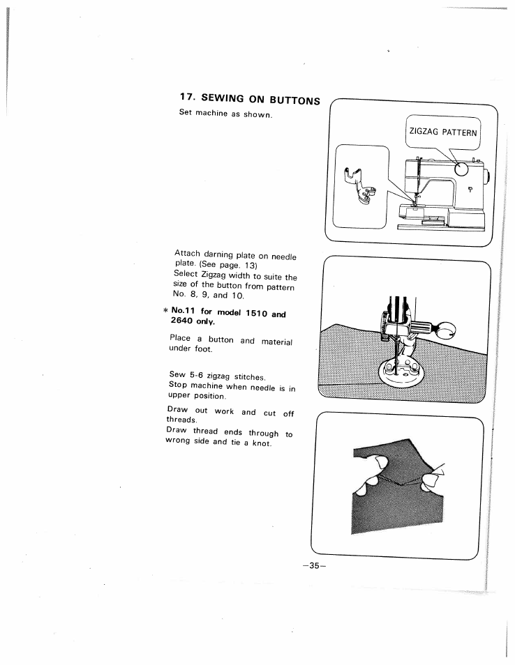 Sewing on buttons | SINGER W1505 User Manual | Page 38 / 47