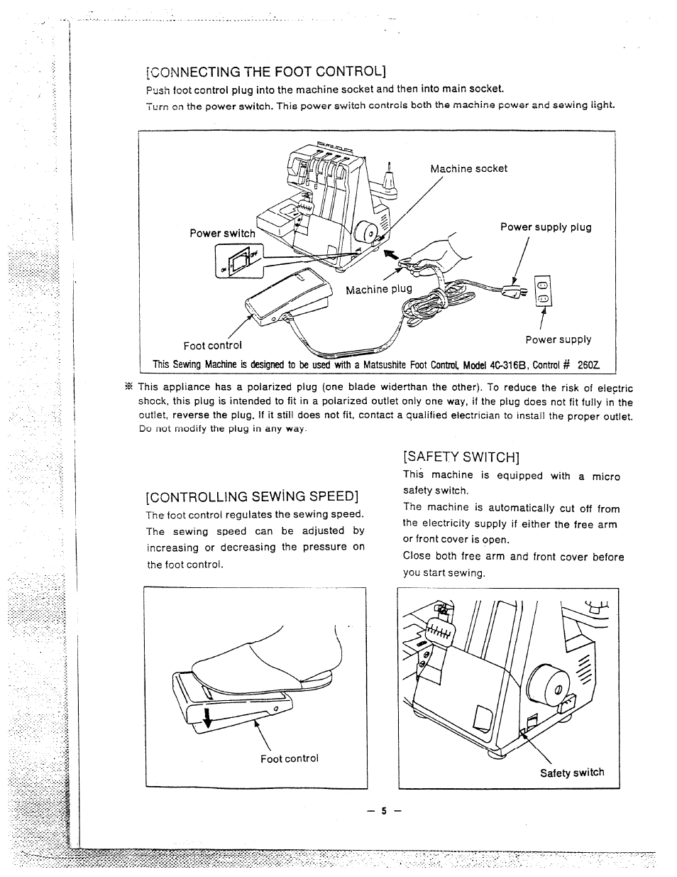 Connecting the foot control, Controlling sewlng speed, Safety switch | SINGER W1600 User Manual | Page 6 / 28