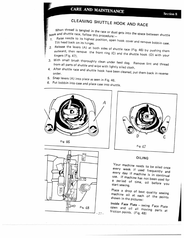 Care and maintenance, Clearing shuttle hook and, Cleaning shuttle hook and race | Clearing shuttle hook and race | SINGER W1640 User Manual | Page 31 / 34