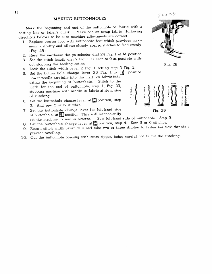 18 making buttonholes | SINGER W167 User Manual | Page 20 / 38
