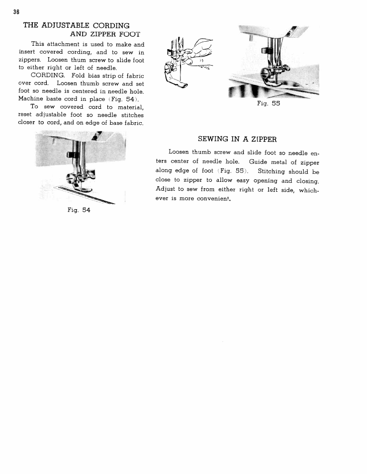 The adjustable cording, And zipper foot, Sewing in a zipper | SINGER W167 User Manual | Page 36 / 38