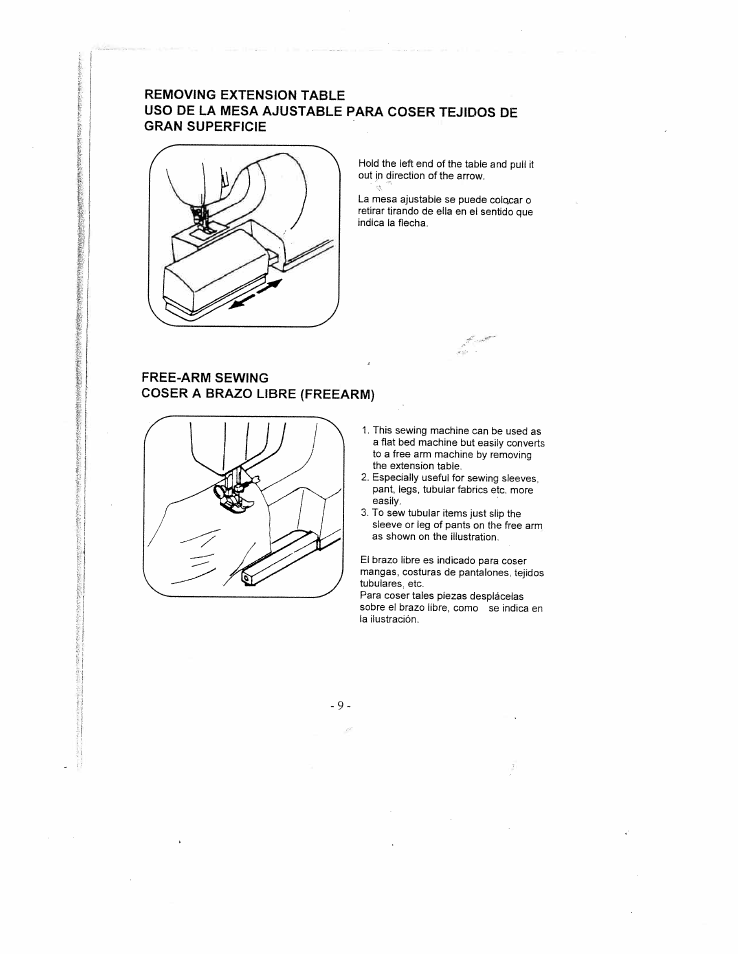 Removing extension table, Free-arm sewing, Coser a brazo libre (freearm) | Removing extension table free-arm sewing | SINGER W1735 User Manual | Page 9 / 36