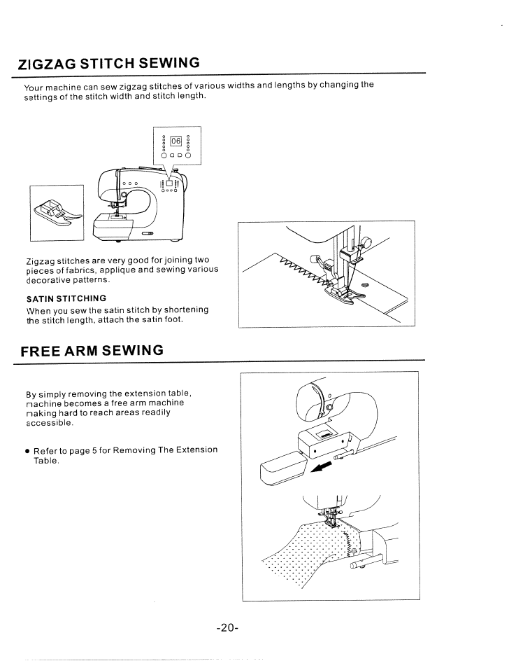 Free arm sewing, Zigzag stitch sewing | SINGER W1750C User Manual | Page 22 / 36