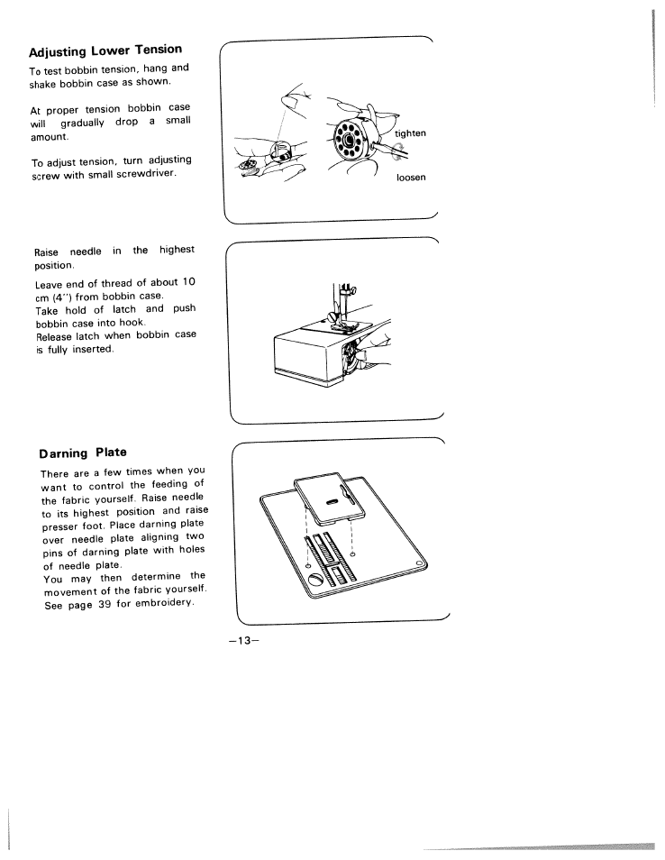 Adjusting lower tension, Darning plate | SINGER W1805 User Manual | Page 18 / 48