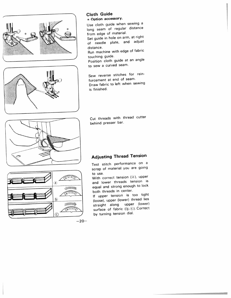 Cloth guide, Adjusting thread tension, Cloth guido | SINGER W1805 User Manual | Page 25 / 48