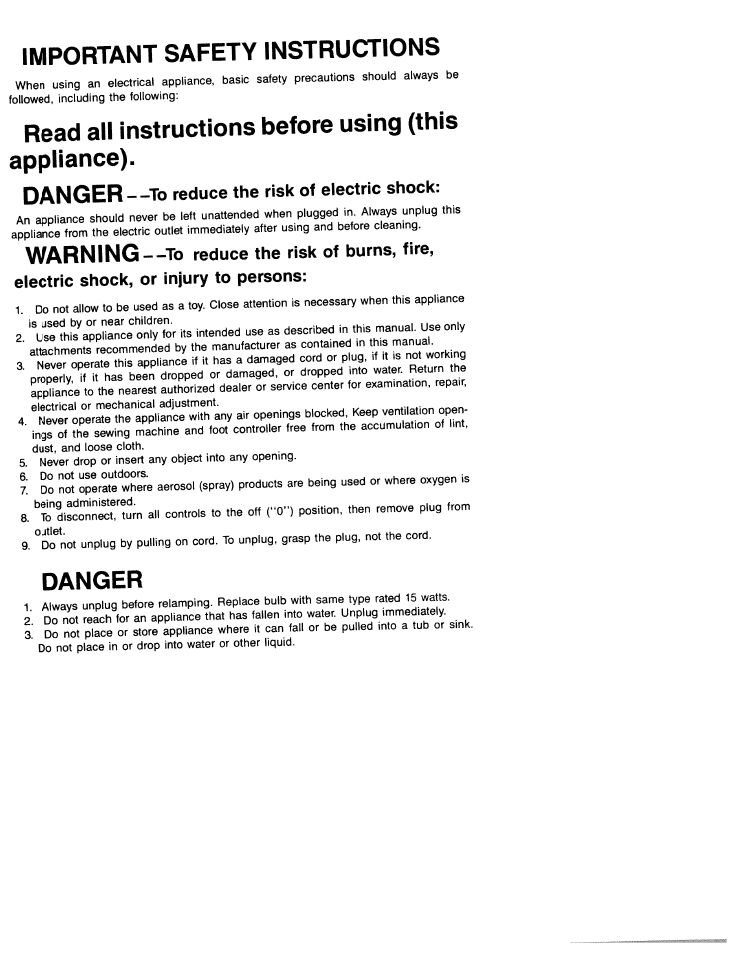 Important safety instructions, Warning, Danger | SINGER W1805 User Manual | Page 3 / 48