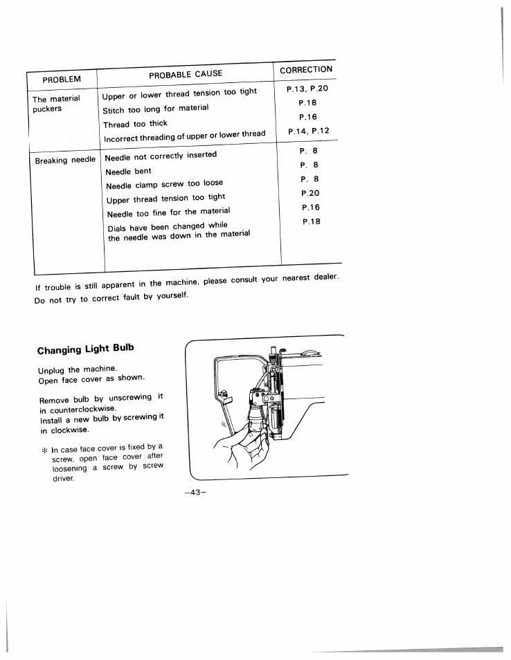 Changing light bulb | SINGER W1805 User Manual | Page 48 / 48