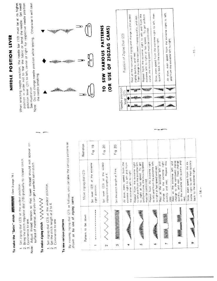 Needle position lever, Dzë), To sew various patterns (or use of zigzag cams) | 11 f, Dzz), V\aa/w, 7 ttwwl jiwl | SINGER W217 User Manual | Page 10 / 17