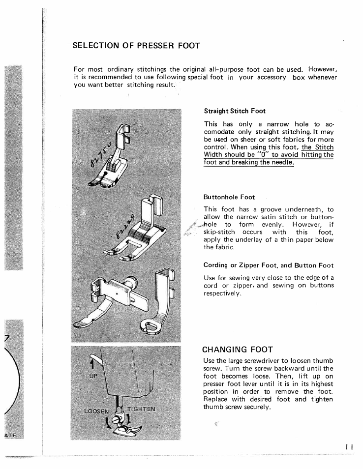 Selection of presser foot, Changing foot | SINGER W426 User Manual | Page 12 / 48