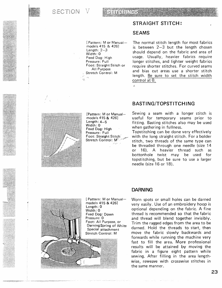 Straight stitch, Seams, B asti ng/topstitching | Darning, Seam, Basting/topstitching darning | SINGER W426 User Manual | Page 24 / 48