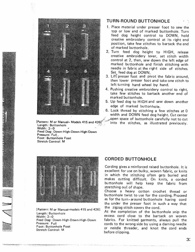 Turn-round buttonhole, Corded buttonhole, Turn-round buttonhole corded buttonhole | SINGER W426 User Manual | Page 34 / 48