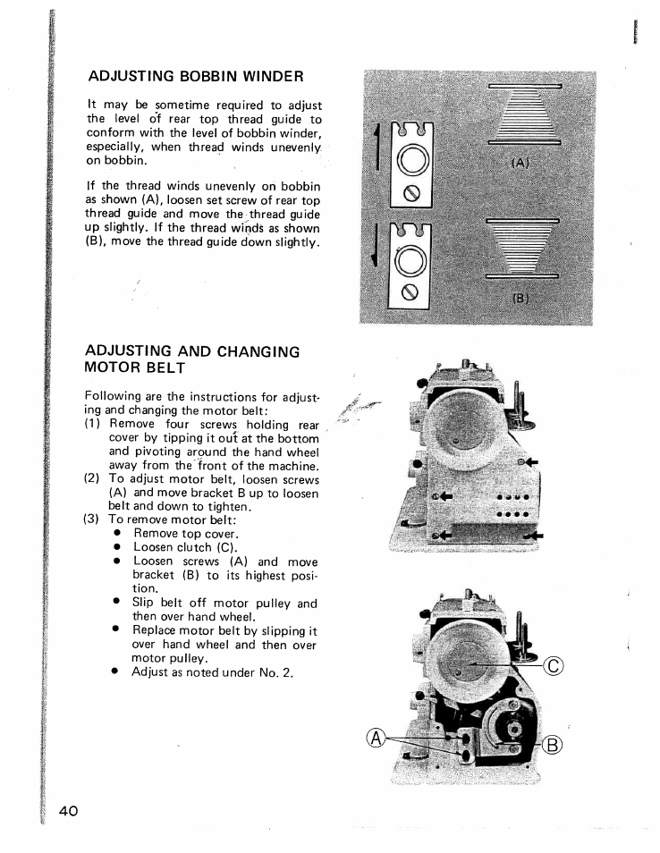 Adjusting bobbin winder, Adjusting and changing motor belt | SINGER W426 User Manual | Page 39 / 48