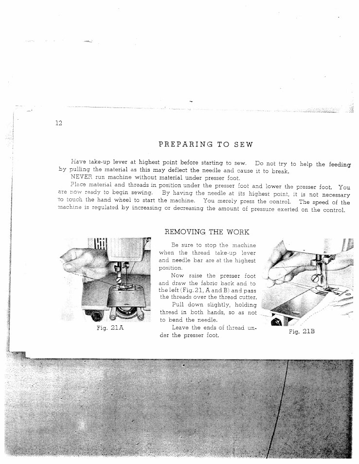 Preparing to sew, Removing the work | SINGER W712 User Manual | Page 13 / 48