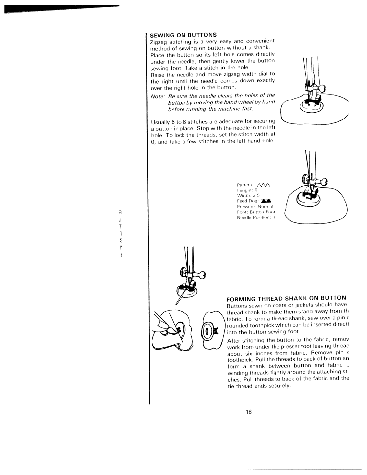 Sewing on buttons, Forming thread shank on button | SINGER W811 User Manual | Page 24 / 58
